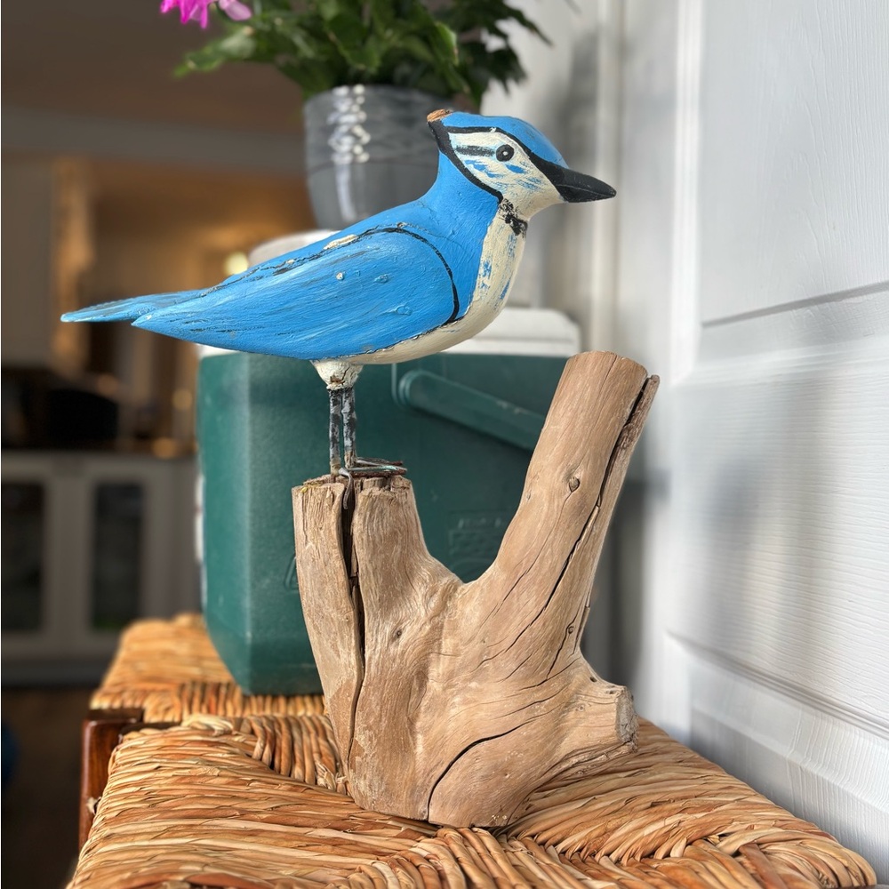 Rustic Hand Carved Wooden Bluejay Bird Figure Vintage Cottage approx 37 cm Tall